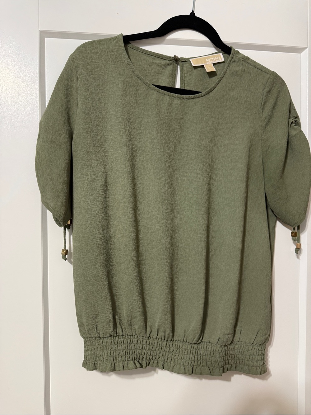 Michael Kors Olive Green Tie-Sleeve Short Sleeve Blouse